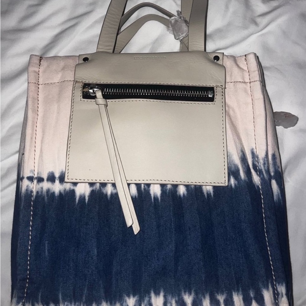 Cream & Blue tie dye Shoulder Bag with Structured Sides and Textured Surface